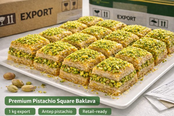 Premium Pistachio Square Baklava — crisp cuts finished with bright pistachio crumble for export